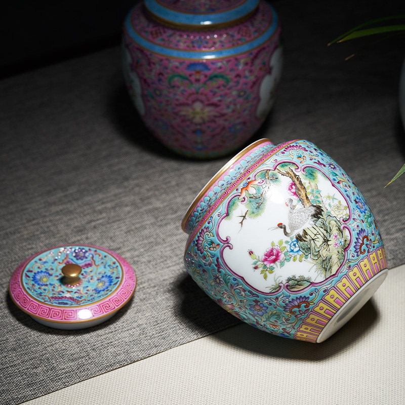 Colored enamel medallion of flowers and birds around branch lotus caddy fixings pine crane, pink small jingdezhen ceramic kung fu tea set
