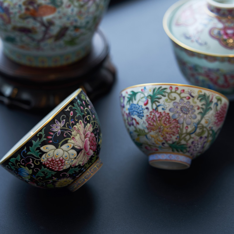 Colored enamel masters cup checking flower heart black tie up branches of jingdezhen ceramic kung fu tea large single CPU