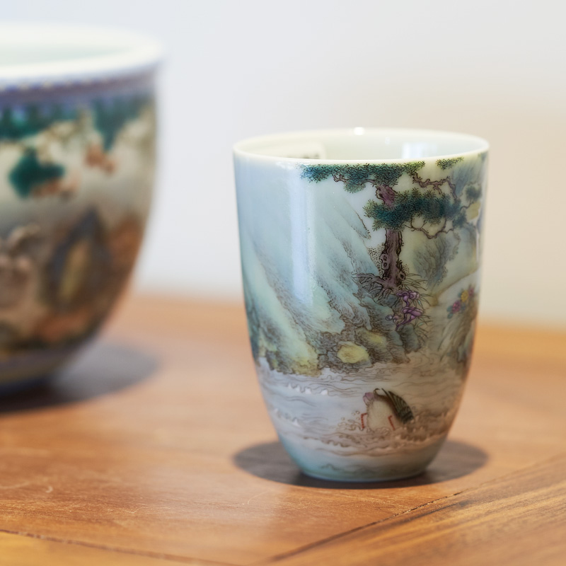 Kung fu tea powder enamel all hand - made scenery duck fragrance - smelling cup of jingdezhen ceramic cup personal Lord archaize porcelain collection