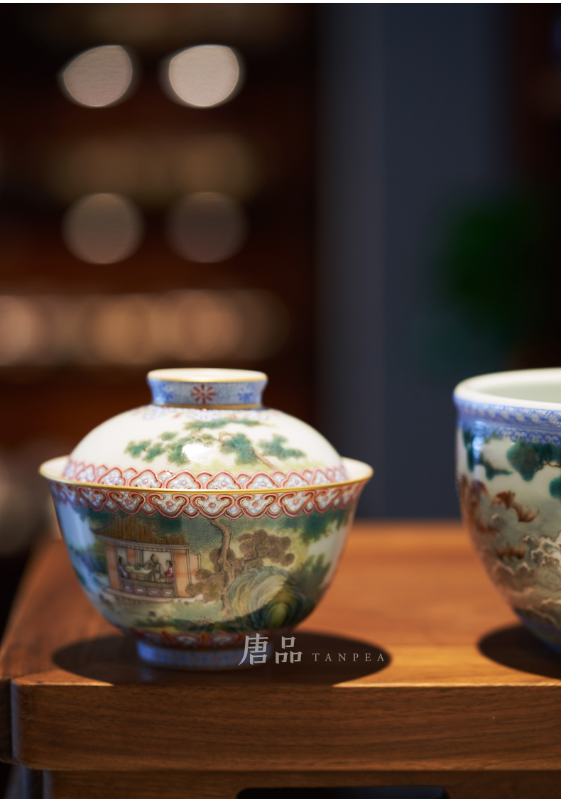 Jingdezhen pastel tureen landscape character of heaven and earth tureen ceramic large cup tea bowl of kung fu tea set collection