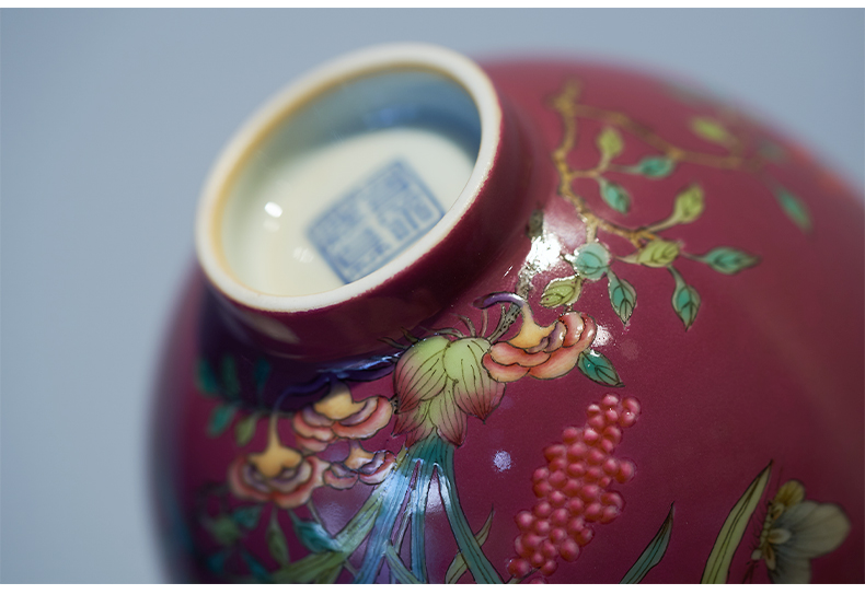 Colored enamel carmine flowers personal Lord kung fu tea cup of jingdezhen ceramic cups butterfly orchid single CPU