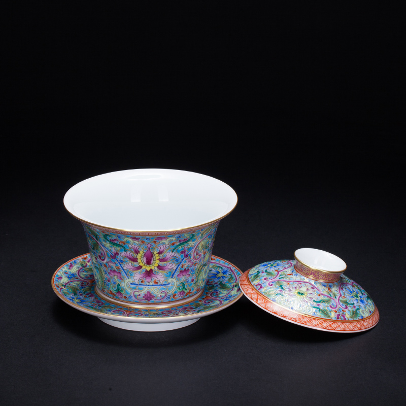 Put the lotus flower grain heavy ground jingdezhen porcelain enamel paint flowers only three tureen antique porcelain cup