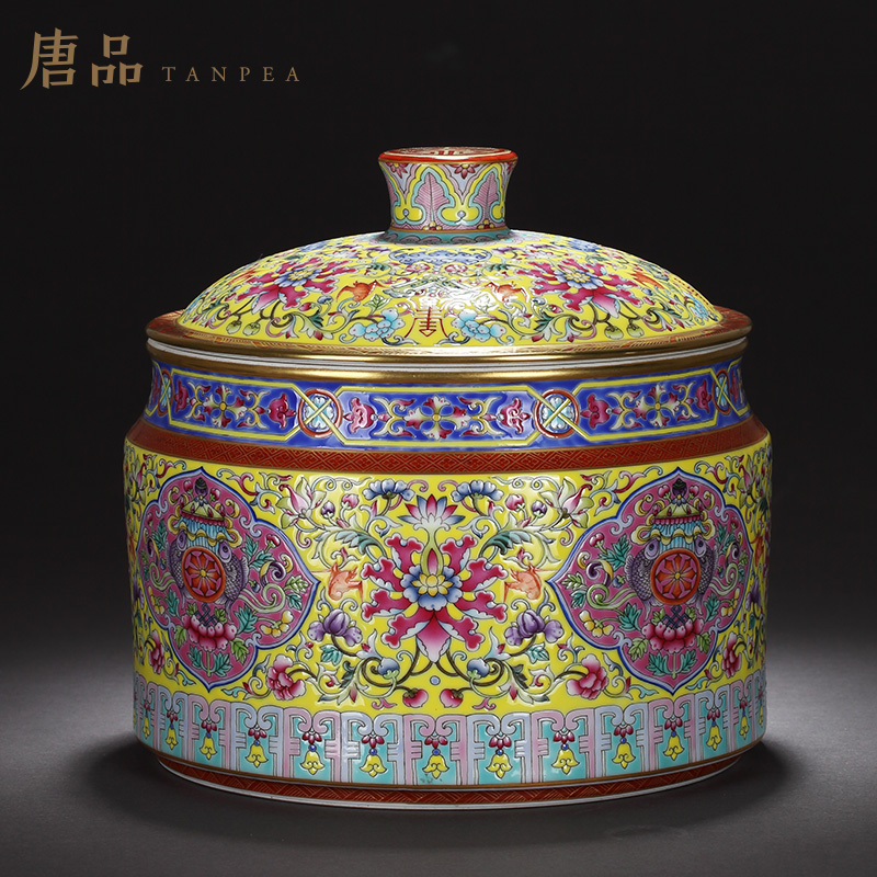 Colored enamel caddy fixings jingdezhen ceramic all hand around Chinese penjing eight auspicious lotus flower grain large storage tanks