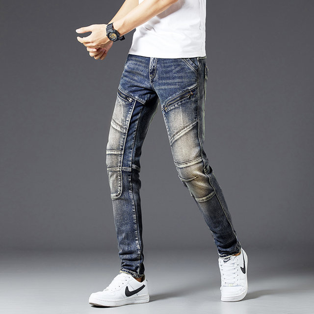 Spring and Autumn Retro Spliced ​​Motorcycle Jeans Men's Trendy Brand Personalized Zipper Slim Straight Long Pants Stretch European and American Style