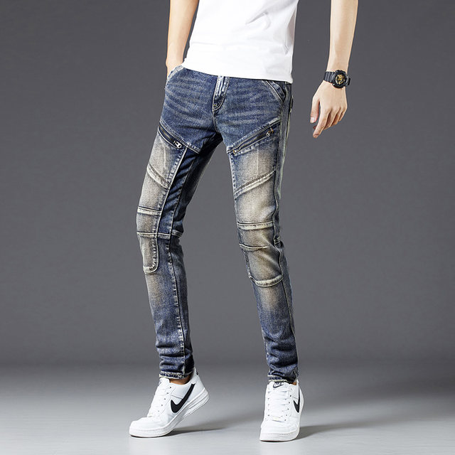 Spring and Autumn Retro Spliced ​​Motorcycle Jeans Men's Trendy Brand Personalized Zipper Slim Straight Long Pants Stretch European and American Style