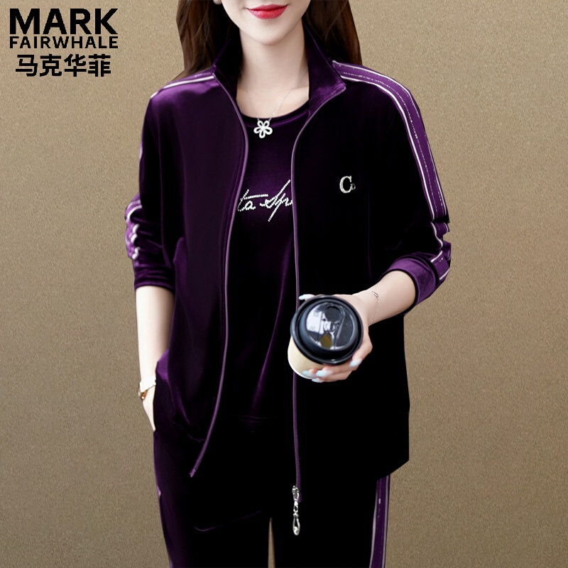 Mark Hua Fei Brand Velvet Tracksuit for Women, Casual and Stylish, 2026 Spring and Autumn New Style, Three-Piece Set for Mothers