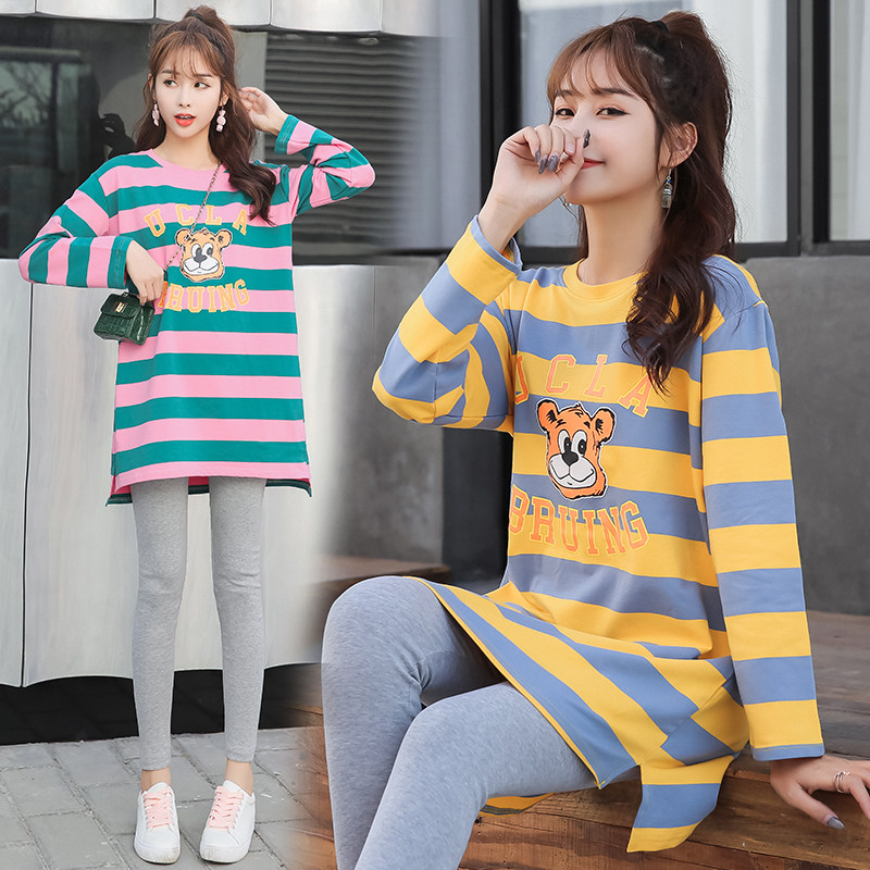 Pregnancy Woman Dress Spring Autumn early fall out of fashion Fashion Money Suit Pure Cotton Streaks Loose Pregnant Women Autumn Dress Foreign Dress