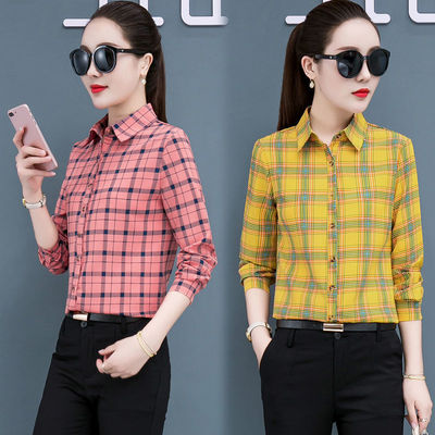 2020秋季长袖格子衬衫女韩版修身女装