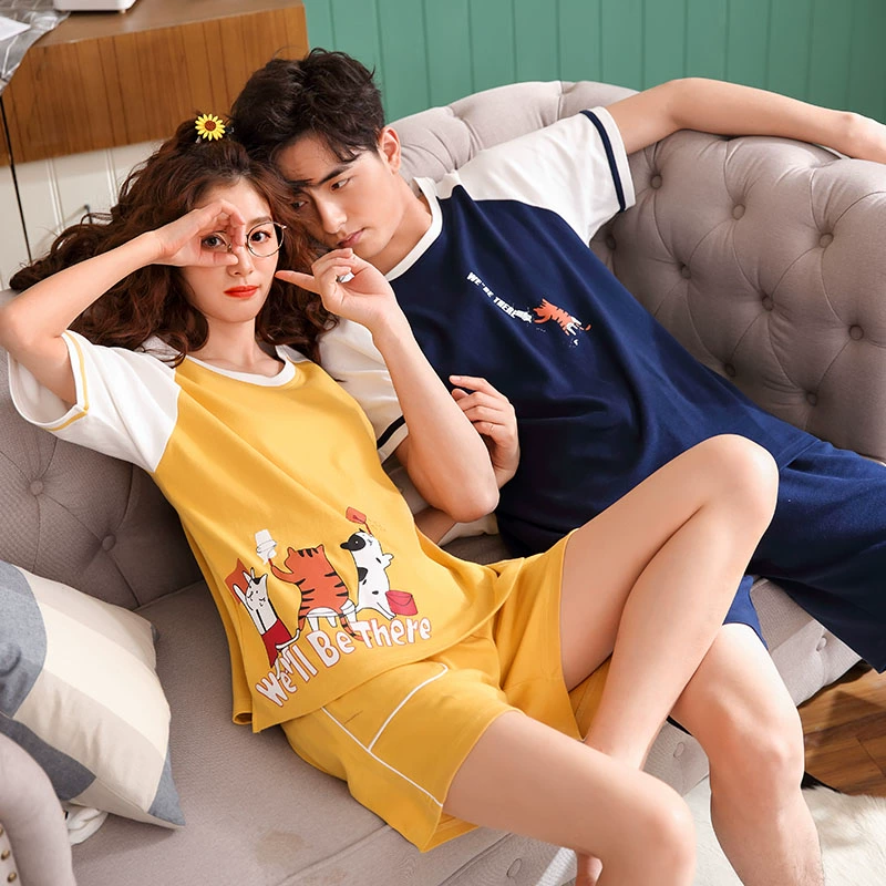 Cặp đôi pyjama mùa hè ngắn tay cotton phong cách Hàn Quốc váy ngủ rộng rãi nữ mùa hè dễ thương cotton nam phục vụ tại nhà - Cặp đôi