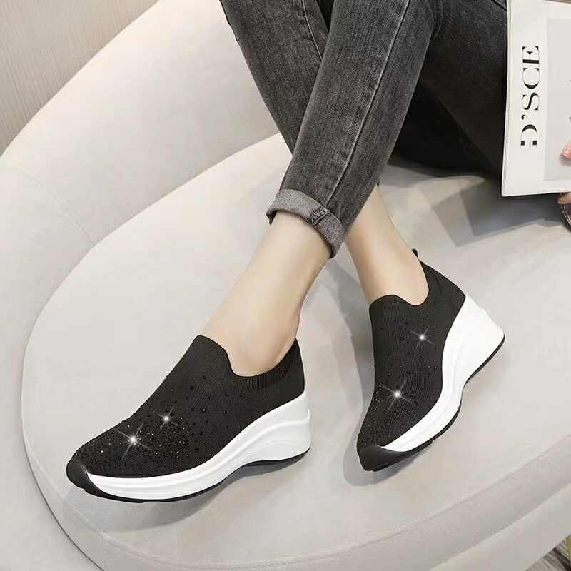 2024 Autumn New Women's Wedge Sock Shoes Flyknit Platform Shoes Thick Sole Elastic Rhinestone Sports Casual Shoes