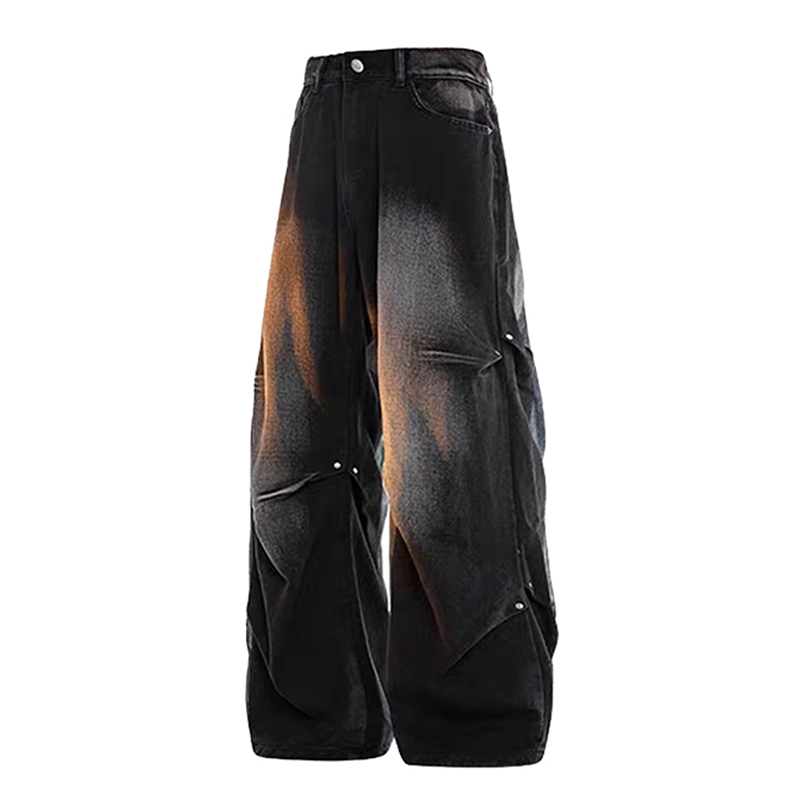 American High Street Style Rivet Pleated Gradient Jeans for Men, Spring and Autumn, Washed and Distressed, Loose Fit, Versatile Straight-Leg Pants