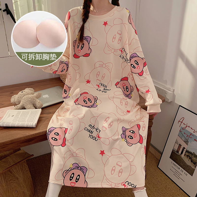 With Chest Cushion Sleeping Dress Long Sleeve Big Code 2023 New Spring Autumn Season Day Sleeping Dress Lady Pure Cotton Cute Cartoon Home Conserved-Taobao