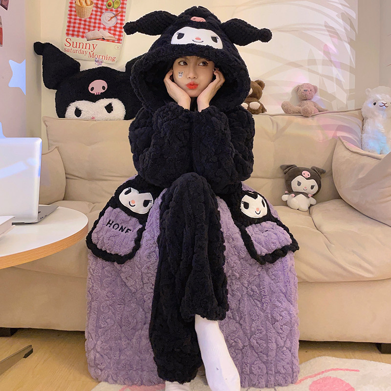 Coulomie Autumn Winter Coral Suede Pajamas Woman Triple Clip Cotton Plus Suede Thickened Sleeping Robe Flannel Suede Suit-Taobao