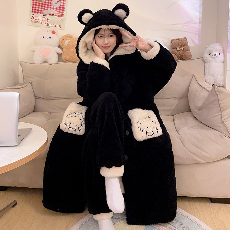 Autumn Winter Coral Suede Palate Woman Triple laminated cotton gushed thickened long gown Warm Flannel Suede Home Suit-Taobao