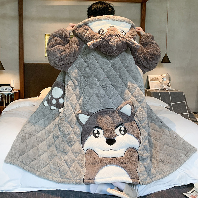 Men's Sleeping Robes Triple Clip Cotton Winter Day Sleeping Clothing Men's Coral Suede Thickened Garnter Teen Cute Home Conserved-Taobao