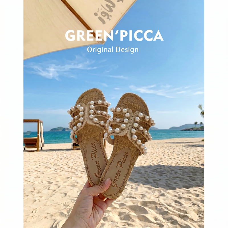 Pearl Straw Sandals for Women, Summer Outdoor Wear, 2026 New Fashion Bangkok Vacation Beach Shoes, White-Enhancing Slip-On Sandals