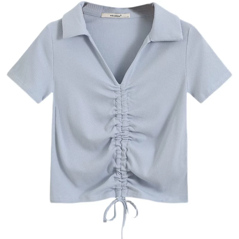 Летняя дизайнерская футболка, тонкая короткая поло, тренд сезона, drawstring
