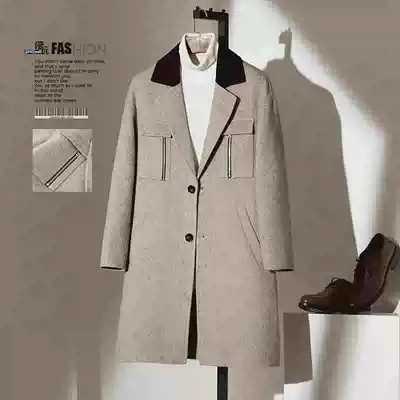 Winter woolen coat men's medium and long version of loose color matching without cashmere woolen coat jacket British windbreaker large size trend