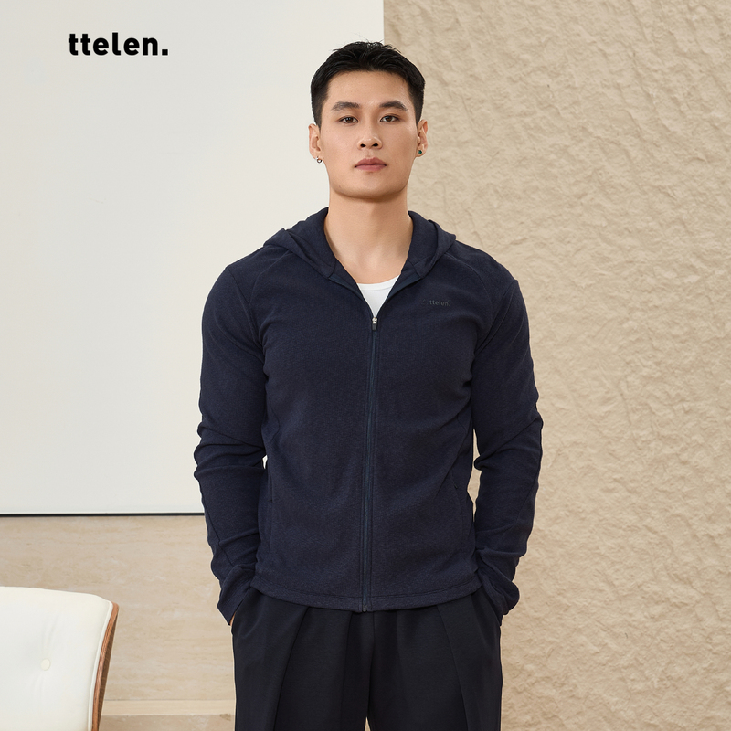 Ttelen. High-Elasticity, Delicate Zipper Hooded Jacket, Floral Yarn Makes You Look Bigger, Thin Fitness Training Sweatshirt, Men's Top