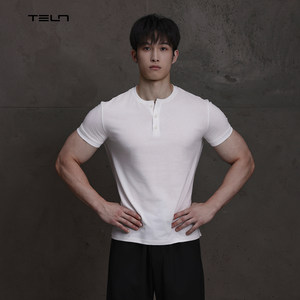 Telen. Tencel Linen Basic Style | Cool and Wrinkle-Resistant Henry Collar V-Neck Sports Casual Simple Short-Sleeve T-Shirt