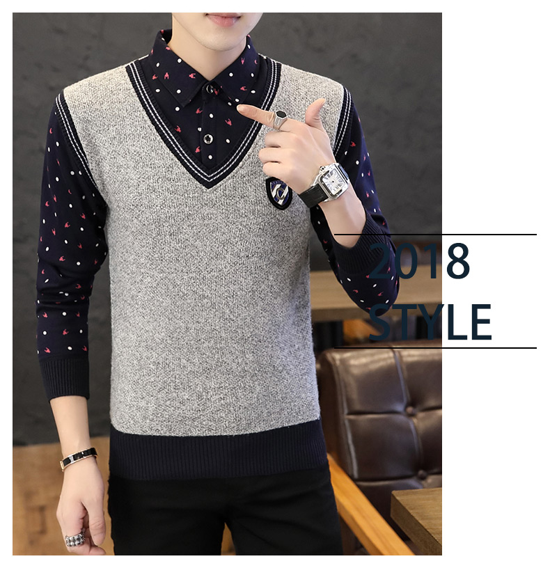 Cộng nhung dày 2018 mới áo sơ mi cổ áo len ấm áp nam thanh niên giả áo sơ mi hai dây áo cardigan nam