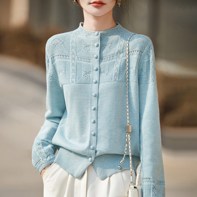 French-Style High-End Hollow-Out Crochet Half-Turtleneck Knitted Cardigan Women's Sweater 2026 Early Autumn New Top Blouse