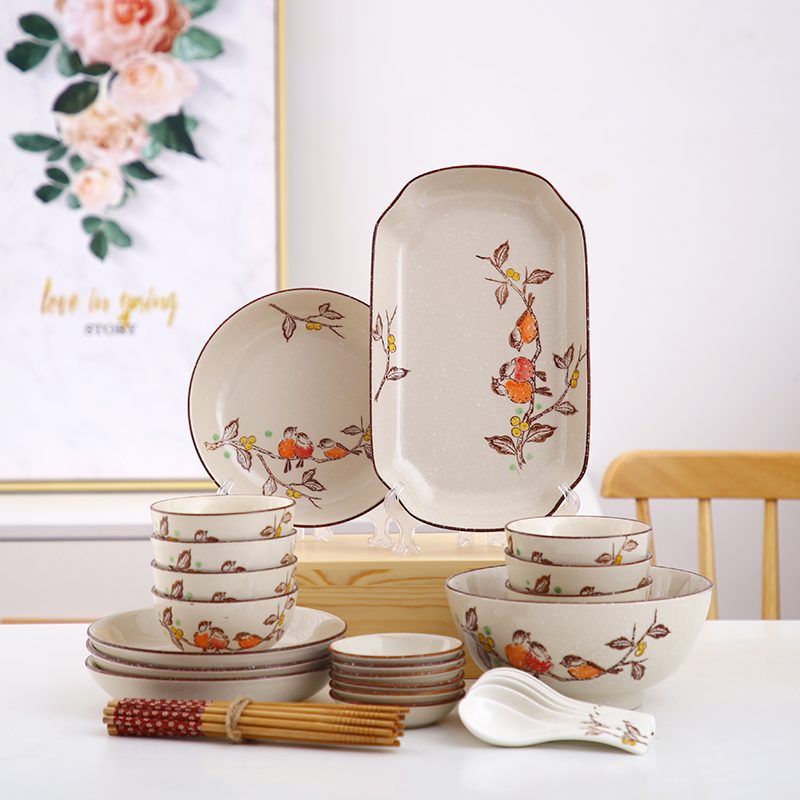 New Chinese Ceramic Home Cutlery Sets Disc Bowl of Dish Spoon Stockpot 128 People Gift Combo Flowers Bird glaze Lower color