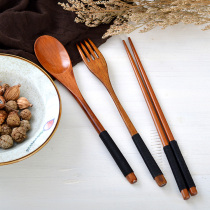  Japanese style log bag wooden chopsticks Fruit fork spoon creative portable travel environmental protection set adult winding