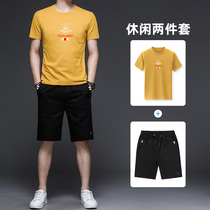 Summer new cotton short sleeve suit mens casual sports five-point shorts mens trend slim thin mens T-shirt