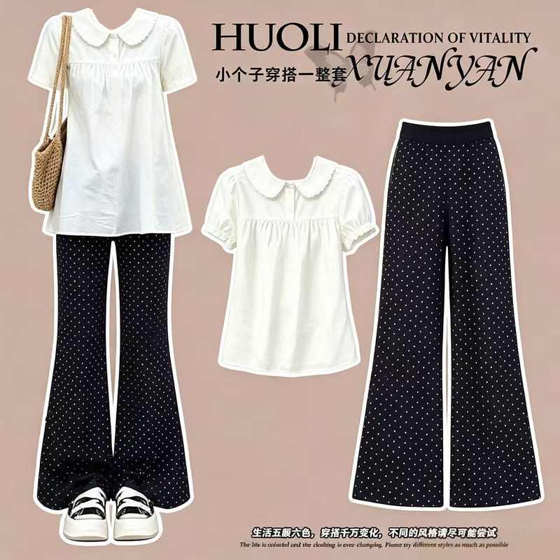 Korean Sweet Style Outfit Set for Women, Summer Loose Doll Collar Short-Sleeved Shirt with Polka Dot Flared Pants Two-Piece Set Korean Sweet Style Outfit Set for Women, Summer Loose Doll Collar Short-Sleeved Shirt with Polka Dot Flared Pants Two-Piece Set