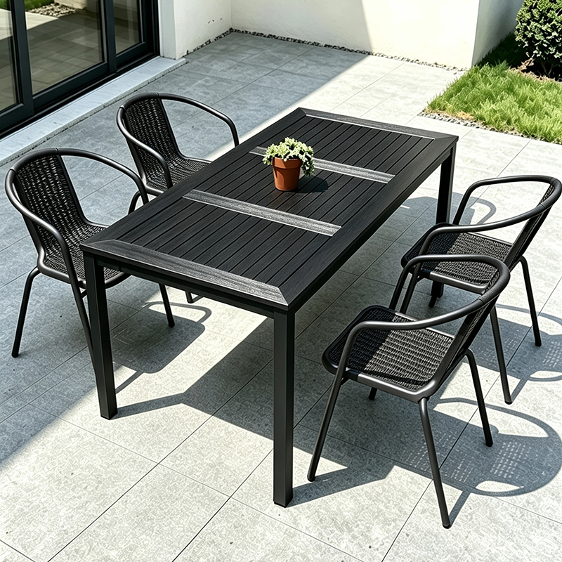 Outdoor Table and Chair Set, Black Plastic Wood Combination for Courtyard, Open-Air Milk Tea Shop, Outdoor Balcony Rattan Chair Three-Piece Set, Waterproof and Sun-Resistant