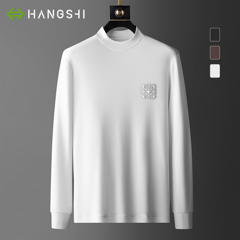 High-end semi-high-neck long-sleeved T-shirt men's spring and autumn white velvet autumn men's modal bottoming shirt