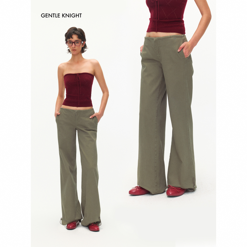 Gentle Knight Gray-Green Vintage Washed Loose Straight-Leg Pants for Women, Low-Waisted, Slimming, Drawstring Cuffed Long Pants