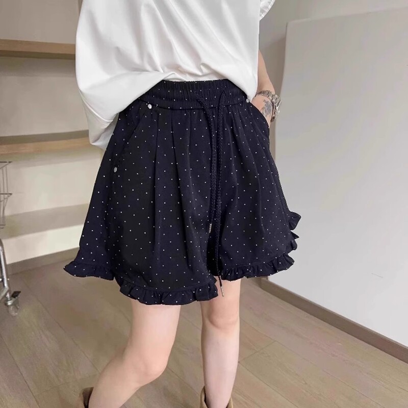 Women's Hot Pants with Wide Legs, Black Polka Dots, High Waist, Plus Size, Slimming, Spring/Summer Thin Shorts with Pockets