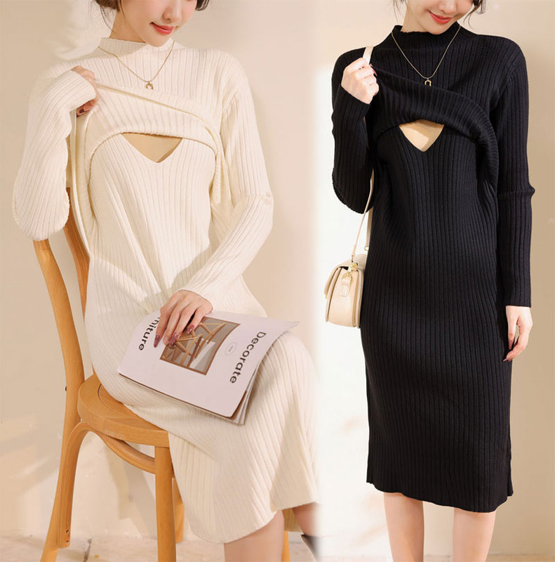 Autumn and Winter Nursing Clothes, Thickened Base Layer, Warm Sweater, Stylish Mom Loose Fit, Slimming Mid-Length Knitted Base Dress