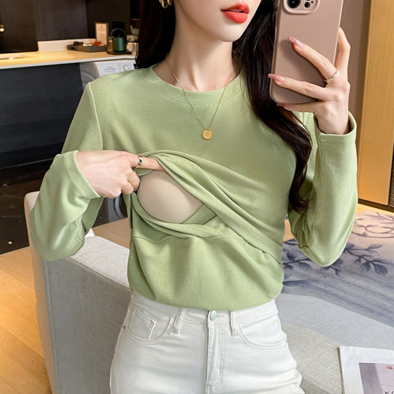 Breastfeeding Autumn Outfit for Going Out, Trendy Mom Versatile T-Shirt, Long-Sleeved Postpartum Nursing Top, Nursing Clothes for Going Out, Hot Mom Style