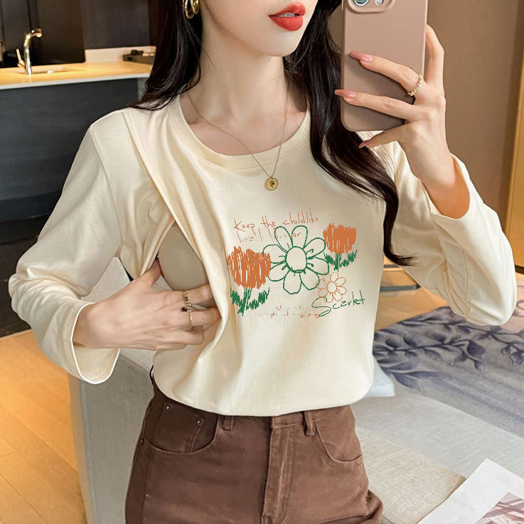 Side-Flap Nursing Top for Going Out, Trendy Mom Style, Spring, Autumn, and Winter Wear, Postpartum Pure Cotton, Skin-Friendly, Outerwear, Spring Nursing Top