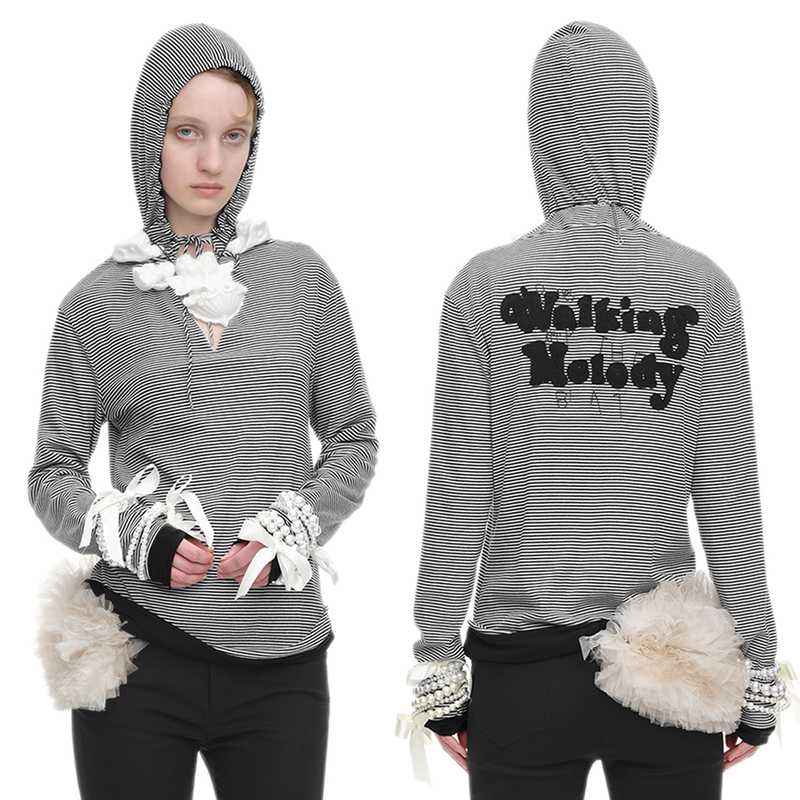 Trinite*Striped Embroidered Hoodie Double-Layered Fold-Over Hooded Sweatshirt with Stripes and Embroidery