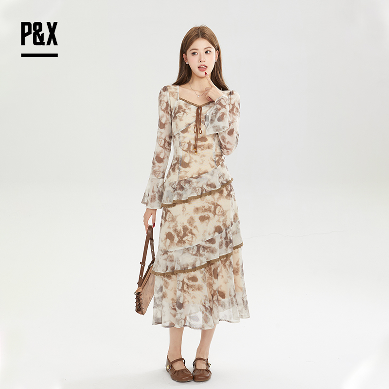 P&X【Dune Wasteland】Floral Print Dress Elegant Melard French Ruffle Long Skirt