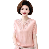 Moms new summer clothes mulberry silk short-sleeved T-shirt middle-aged and elderly womens handmade beaded silk shirt western-style top