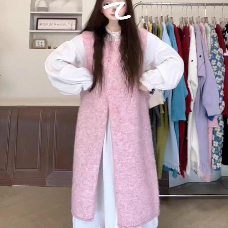 Plus Size Fat Girl's Flesh-Covering and Slimming Pink Vest Long Skirt for Women in Autumn and Winter, Knitted Vest, Loose Bottoming Shirt, Over-The-Knee Skirt