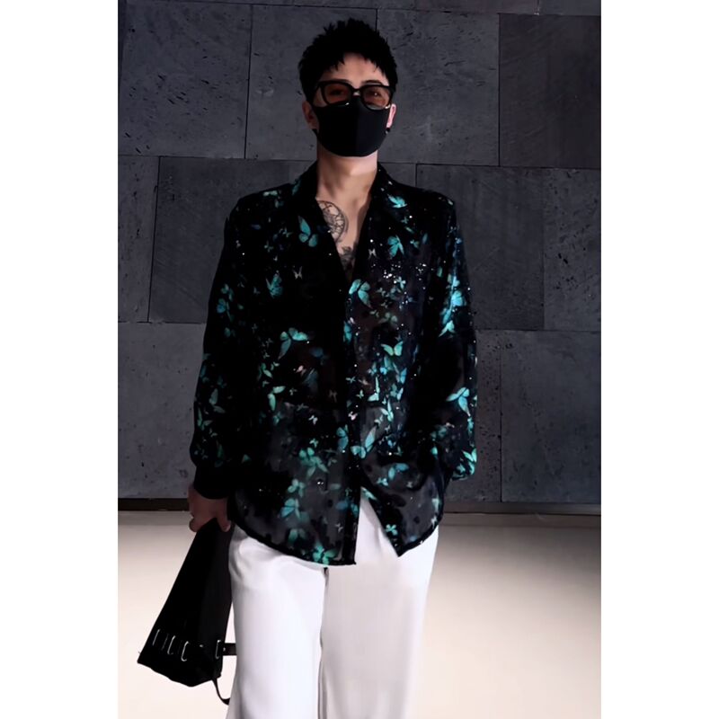 2025 Summer New High-End Men's Shirt with Shoulder Pads, Ultra-Thin Sun Protection Clothing, Fashionable and Cool Sequin Butterfly Shirt