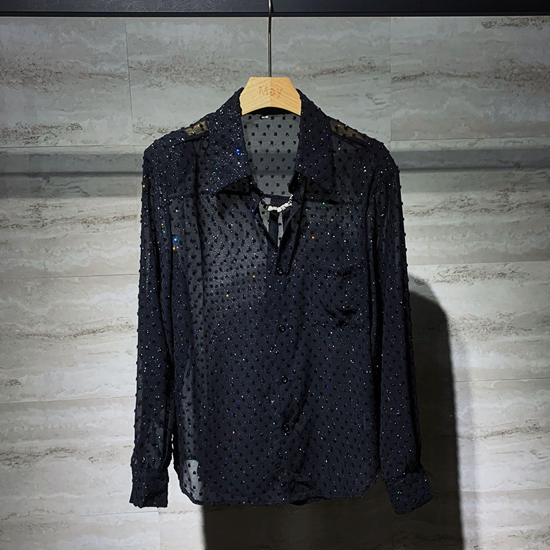 Summer Semi-Sheer Sun Protection Shirt for Men with Stylish Gold Foil Shoulder Pads, Mesh Trendy Loose Shirt