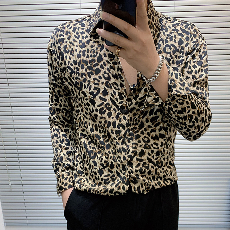 No-Iron Chiffon Leopard Print Long-Sleeved Shirt for Men, Casual and Versatile, Korean Style Trendy and Handsome, Thin Ice Silk Anti-Wrinkle Shirt