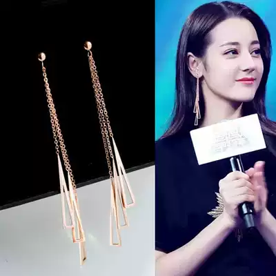 Korean high quality 18K rose gold triangle tassel titanium steel ear needle long version earrings Net red allergy does not fade
