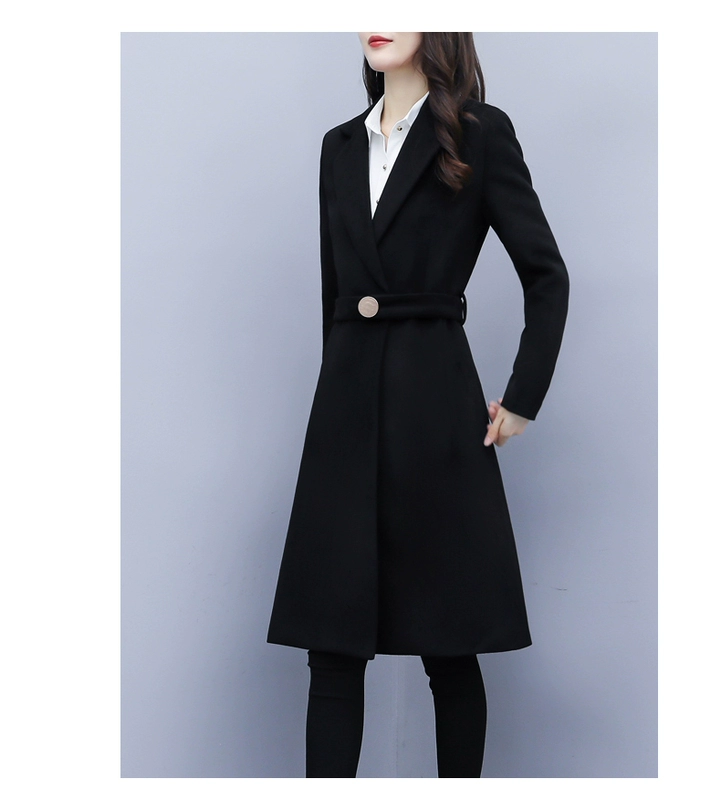 Áo khoác len nữ chuyên nghiệp áo dài giữa năm 2020 mới dày Nizi mùa thu và mùa đông áo khoác len màu đen - Áo Hàn Quốc