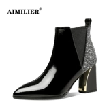 Блестки для ногтей на высоком каблуке с заостренным носом, ботинки, короткие сапоги, новая коллекция, из натуральной кожи, большой размер