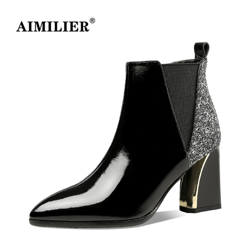 Блестки для ногтей на высоком каблуке с заостренным носом, ботинки, короткие сапоги, новая коллекция, из натуральной кожи, большой размер