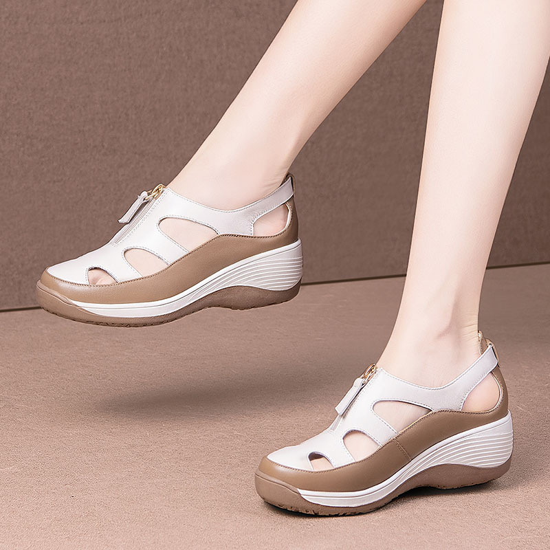 Summer New Genuine Leather Women's Shoes 2026 Cowhide Hollow Toe Lightweight Comfortable Soft-Soled Sandals Women's Casual Large Size Shoes
