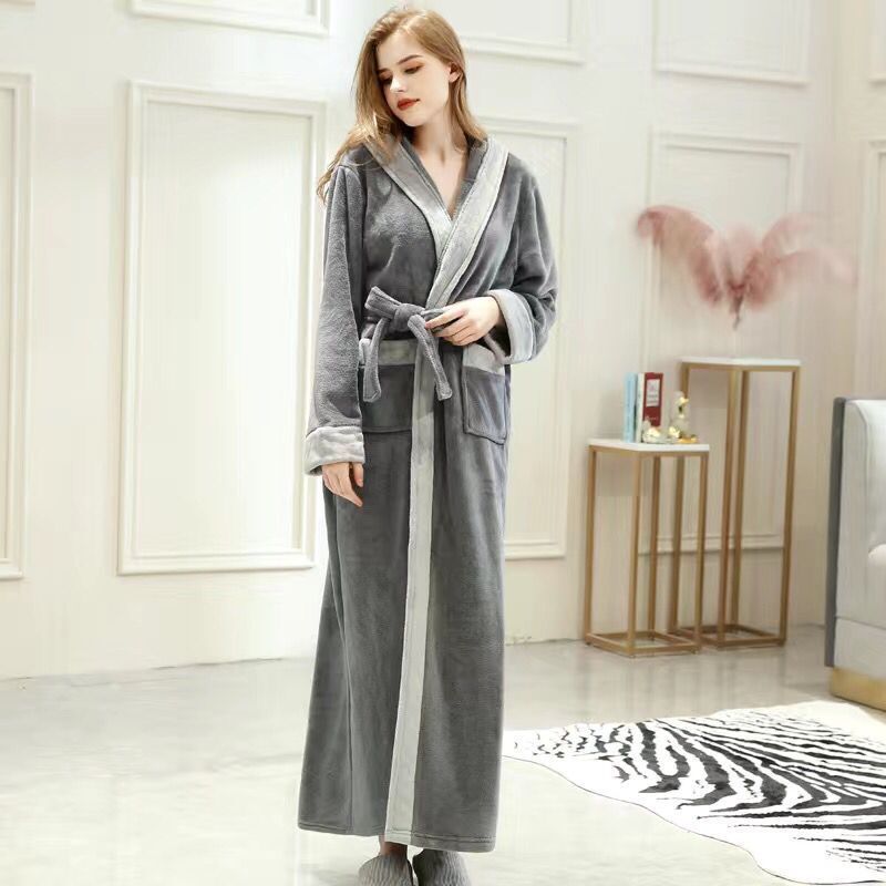 Hooded Dark GreyAutumn and winter Flannel thickening lengthen robe female winter have more cash than can be accounted for lovers Bathrobe man Big size Coral velvet pajamas
